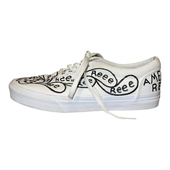 Vans Mens Custom Painted Low Top Sneakers Ree Skeletons White Black 9.5 EUC - Picture 2 of 8